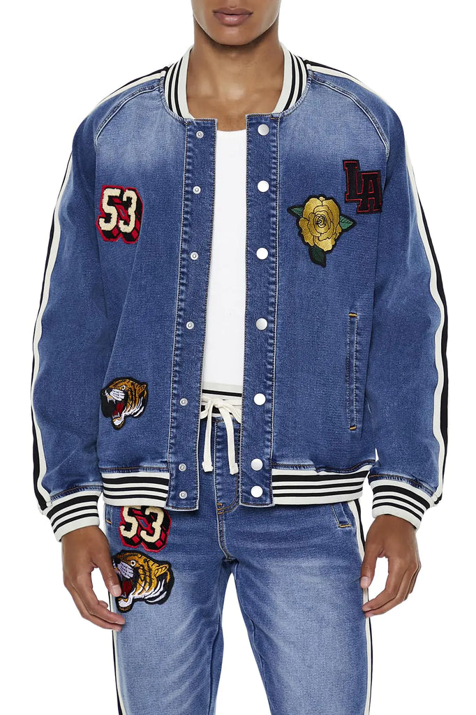 Forever 21 Mens Patch Bomber Jacket Medium Denim XX-Large