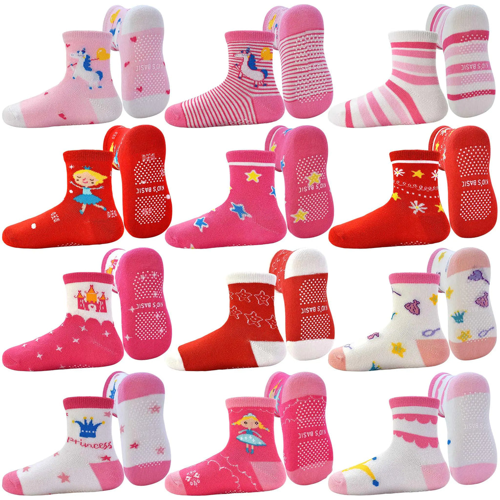 Tphon Toddler Baby Non Slip Socks Infant Anti Skid Socks with Grips 12 Pairs Crew Socks for 1-3 Years Kids Boys Girls - My Store