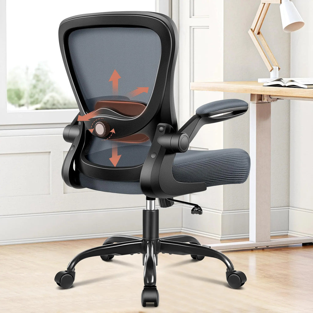 KERDOM Ergonomic Mesh Office Chair with Flip-Up Armrests Lumbar Support Thickened Cushion and Smooth-Gliding Wheels for Home Office Desk Computer Darkgray