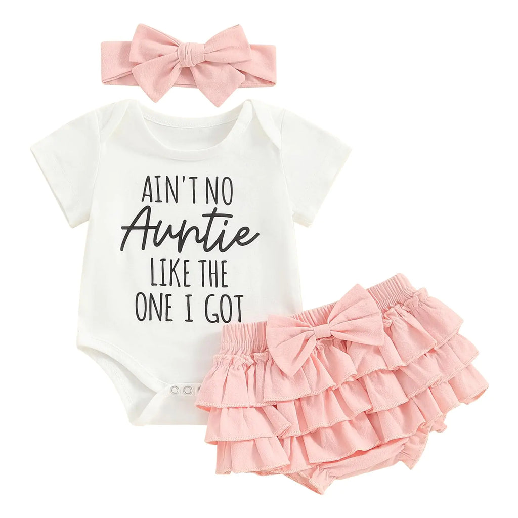 YOKJZJD Newborn Baby Girl Auntie Outfits Letter Short Sleeve Romper T-Shirt Tops Tutu Skirt Shorts Set Summer Clothes (Pink 12-18 Months) - My Store