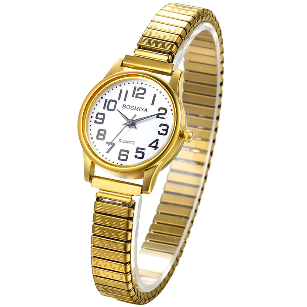JewelryWe Womens Easy Reader Analog Watch Gold/Silver Plated Elastic Band Wristwatch for Valentine’s Day