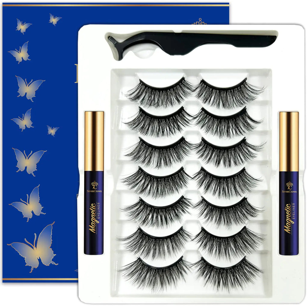 7C SevenCrown 3D Magnetic Eyelashes with Eyeliner Kit - Cat-Eye Wispy Magnetic Lashes Natural LookingUpgraded Long Lasting7 Pairs Reusable 5 Magnet False Eyelashes with Applicator Easy to Apply.