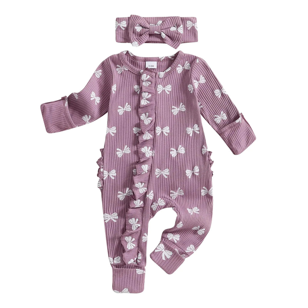 FYBITBO Newborn Baby Clothes for Girls Bow Ribbed Knit Romper Ruffle Jumpsuit Going Home Outfit Baby Girl Clothing (Bow Print-Purple Newborn) - My Store