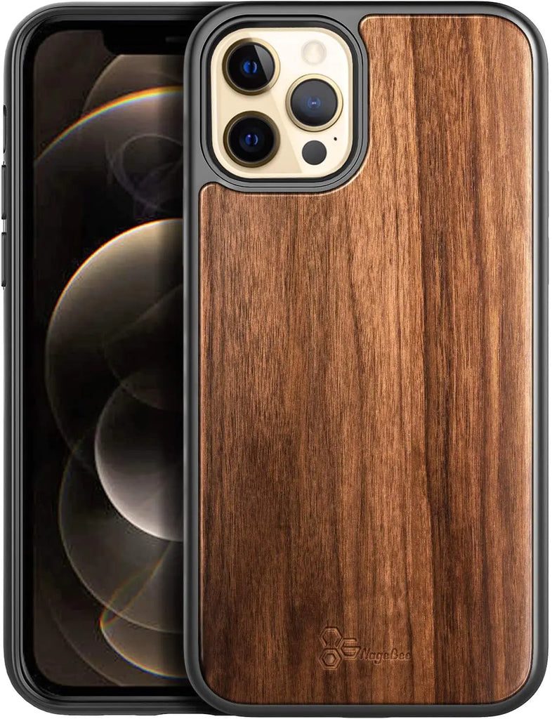 NZND Designed for iPhone 12/12 Pro Case (6.1 inch) Real Natural Walnut Wood Dual Layer Hybrid Protective Bumper Shockproof Phone Case (Every Piece is Unique) -Brown