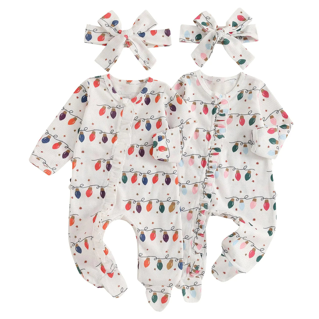 Baby Girl Footies Newborn Zipper Sleeper 2 Pack Ruffle Pajamas Romper Coming Home Outfit (Light&FestivalNewborn) - My Store