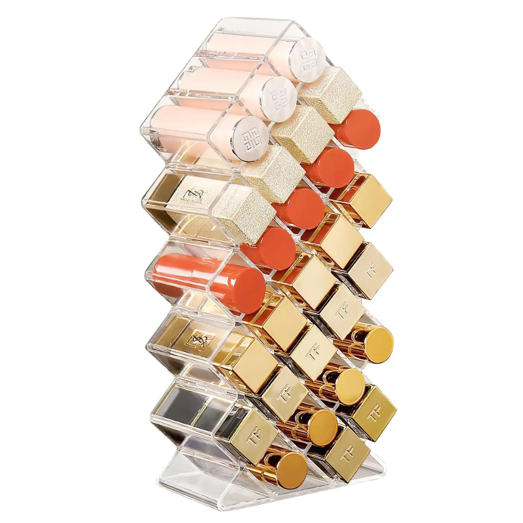 Hebaogugu Lipstick Organizer 28 Slots Acrylic Lipstick Holder Stackable Lip Gloss Organizer Fish Lipstick Tower Holder Storage for Cosmetic Bathroom Vanity Countertop Display