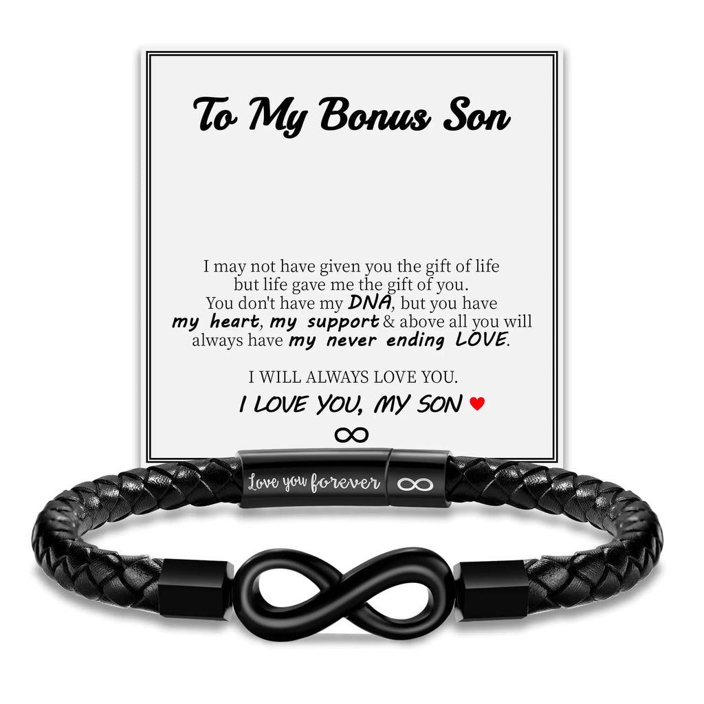 Sistble Valentines Day Gifts Gifts for Bonus Son Leather Bracelet Birthday Gifts for Men Infinity Knot Mens Cuff Bracelet Love You Forever Graduation Back to School Gifts Christmas Basket Jewelry