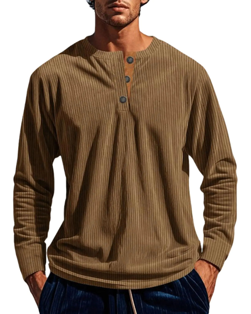 Angbater Casual Mens Corduroy Sweatshirt Long Sleeve Henley Shirts Thermal Button Pullover Sweatshirt Brown