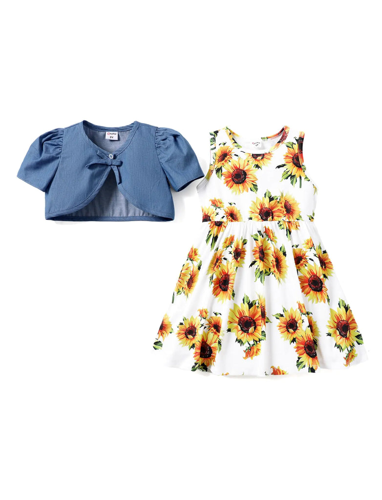 PATPAT Girl Dress and Cardigan 2 Piece Toddler Floral Print Sleeveless Tank Dress and Short-Sleeve Denim Cardigan Set Yellow White 3 Years - My Store