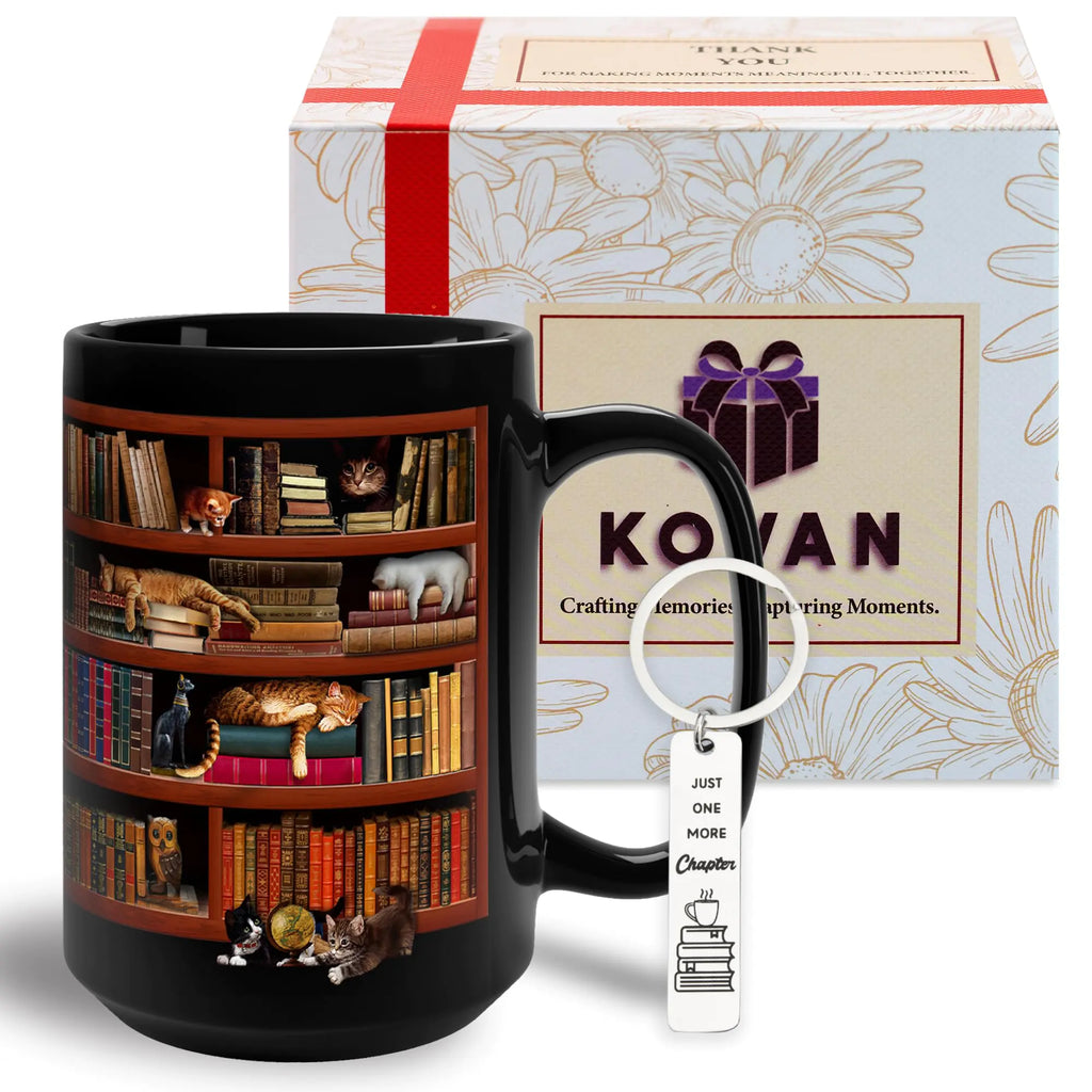 Library Bookshelf Coffee Mug Gifts for Book Lovers Readers Bookish Birthday Mothersday Fathersday Christmas Library Mug for Cat and Book Lover Black Coffee Mug 15Oz With Keychain