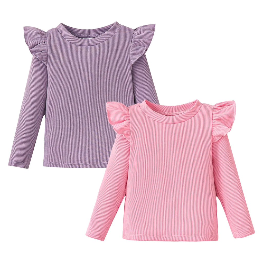 OPAWO Toddler Girl Shirts Ruffle Long Sleeve Baby Tee Tops Ribbed Toddler Girl Blouse Fall Baby Girl Clothes 2-Pack 12M-4T(Purle/Pink 4T)