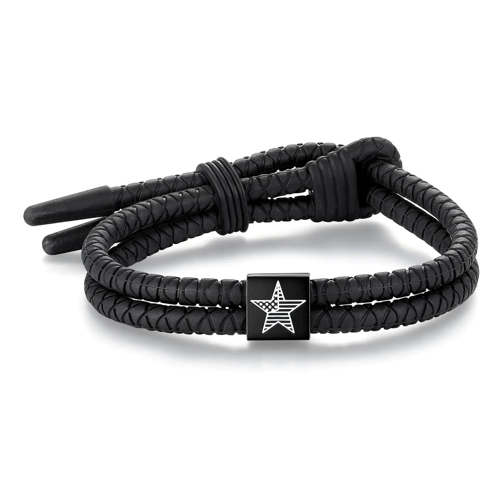 Metzm Silicone Cross Rope Bracelets for Men Women Adjustable Waterproof Mens Rubber Sport Band Bracelets Gifts (Black with Black U.S. Pentagram Flag square)
