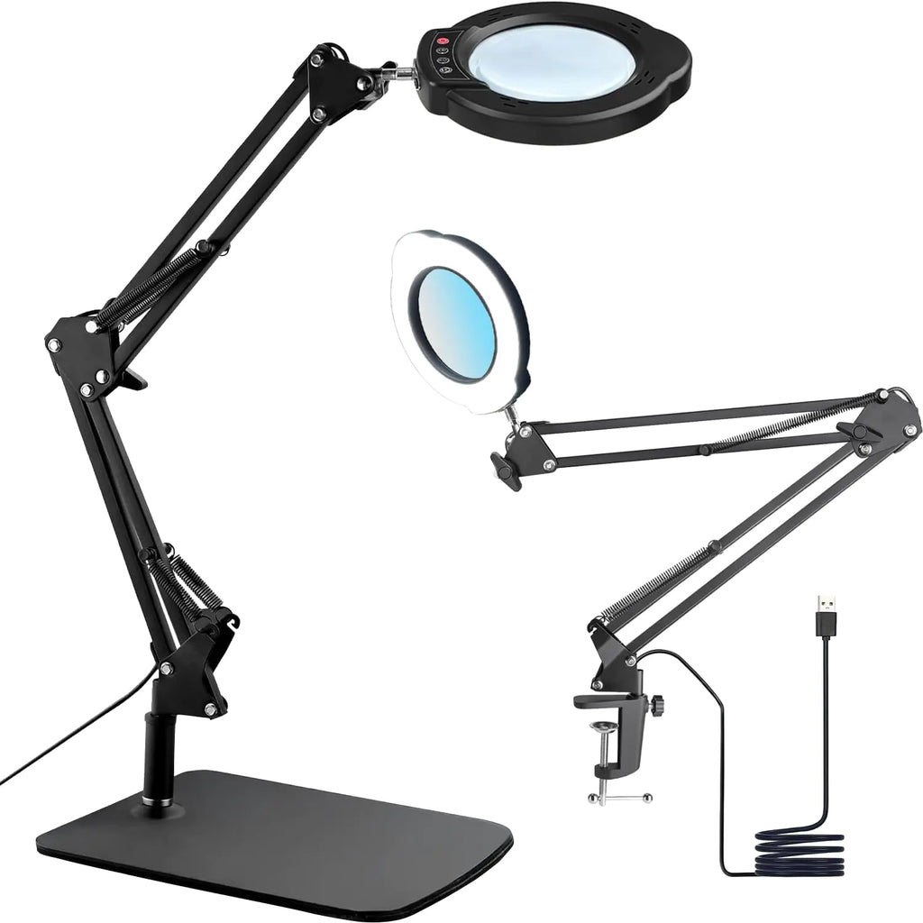 15X Magnifying Glass Desk Lamp LED Desk Lamp with Base and Clamp 5 Color Mode 10 Stepless Dimmable 84 LED Beads 4.2" Diameter Real Glass Lens LED Magnifying Glass Lamp for Reading Work Repair
