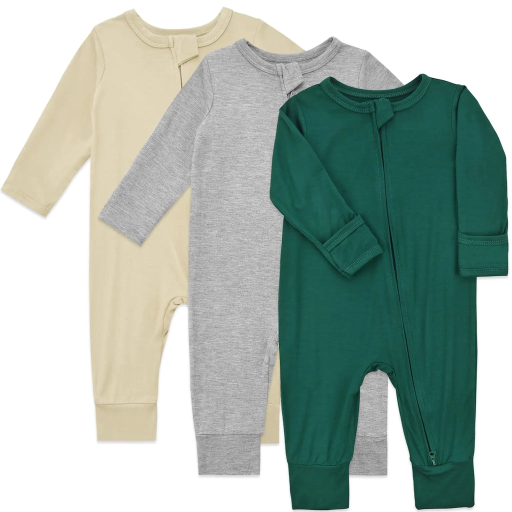Aablexema Baby Footless Pajamas Bamboo Rayon 3pcs Unisex Infant Zipper Romper with Mitten Cuffs(Beige&Light Grey&Green12-18m) - My Store