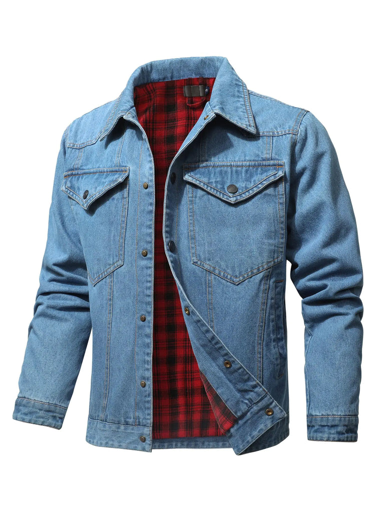 KAVIANA Mens Denim Jacket with Flannel Lined Jean Jackets Cowboy Cut Snap Closure Classic Heavy Duty Trucker Coat for Winter