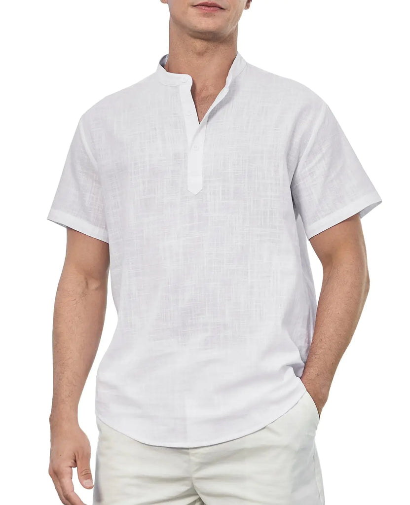 Enlision Mens White Cotton Linen Henley Shirts Casual Short Sleeve Shirt Summer Beach Hippie T-Shirt Band Collar Men Shirt for Wedding Vacation