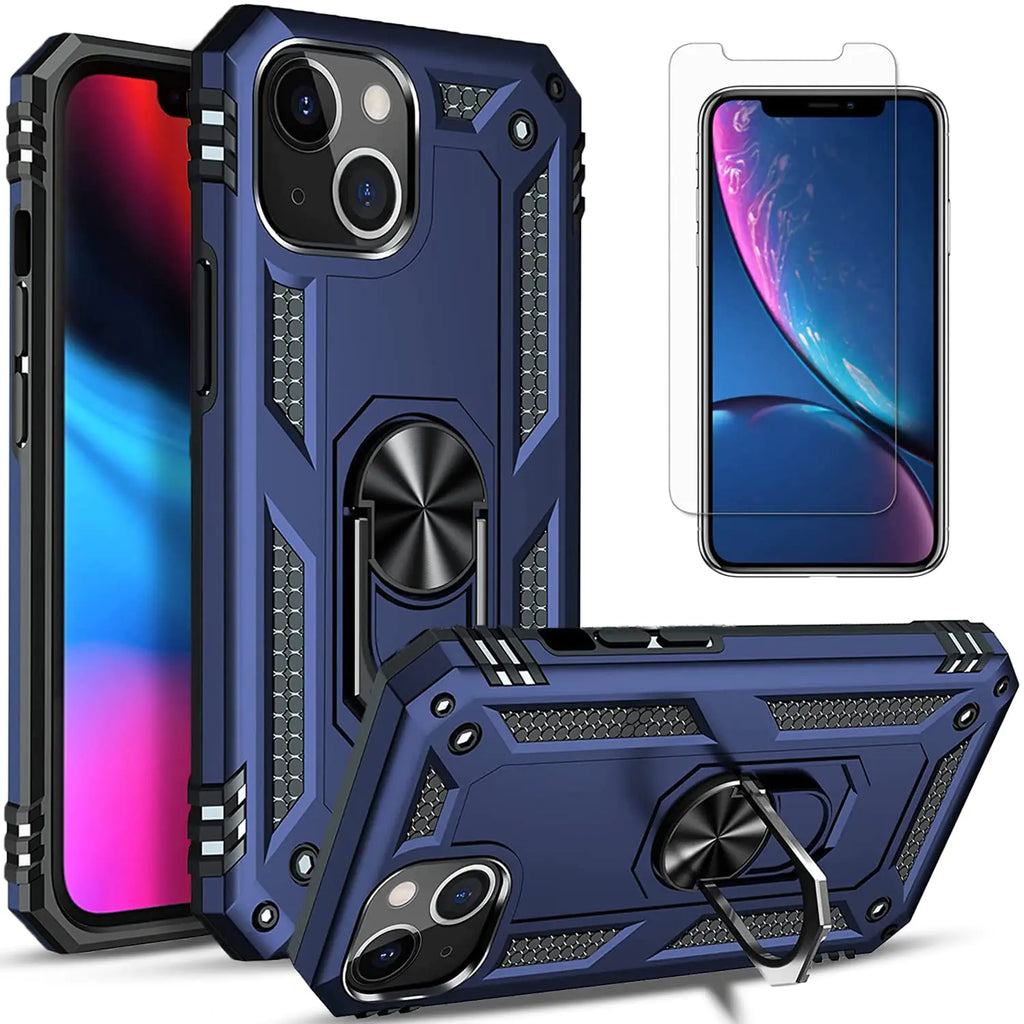 STARSHOP iPhone 13 Case with [Tempered Glass Screen Protector Included] Military Grade 12 ft Shockproof Metal Ring Kickstand Drop Protection Phone Cover for iPhone 13 - Navy