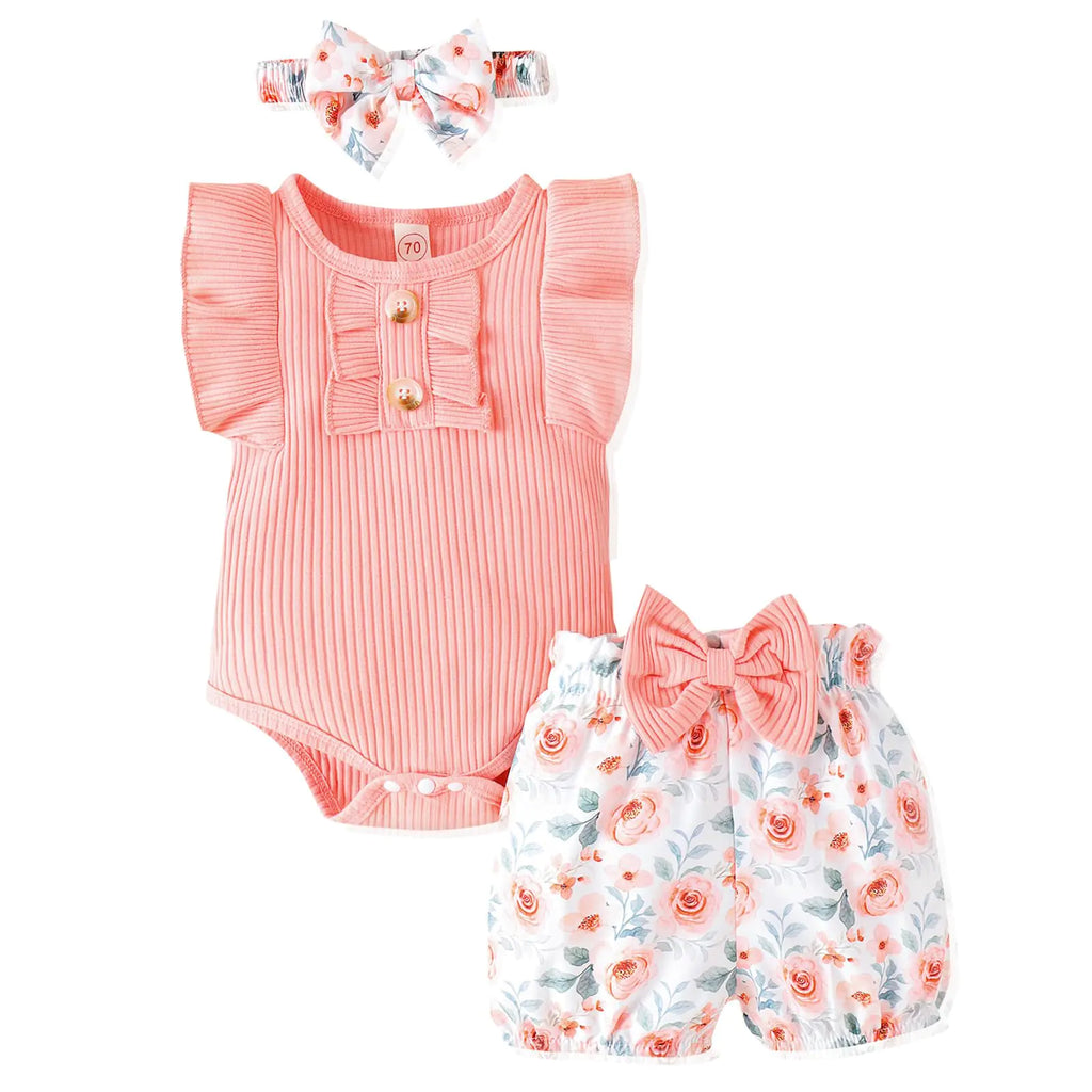 LUNFEGO Newborn Baby Girl Clothes Outfits Ruffle Romper and Short Pants with Headband Infant Bodysuits for Baby Girls 12-18 Months - Pink