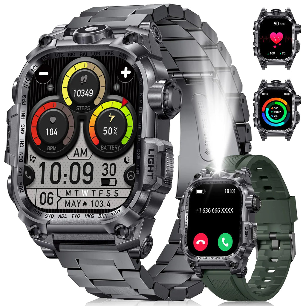 LIGE Military Smart Watch for Men(LED Flashlight) 2.01" Rugged Smartwatch 100+ Sports Fitness Tracker Watch 700mAh Long Battery/Bluetooth Call/Sleep/IP68 Smart Watch for Android iPhone Compatible