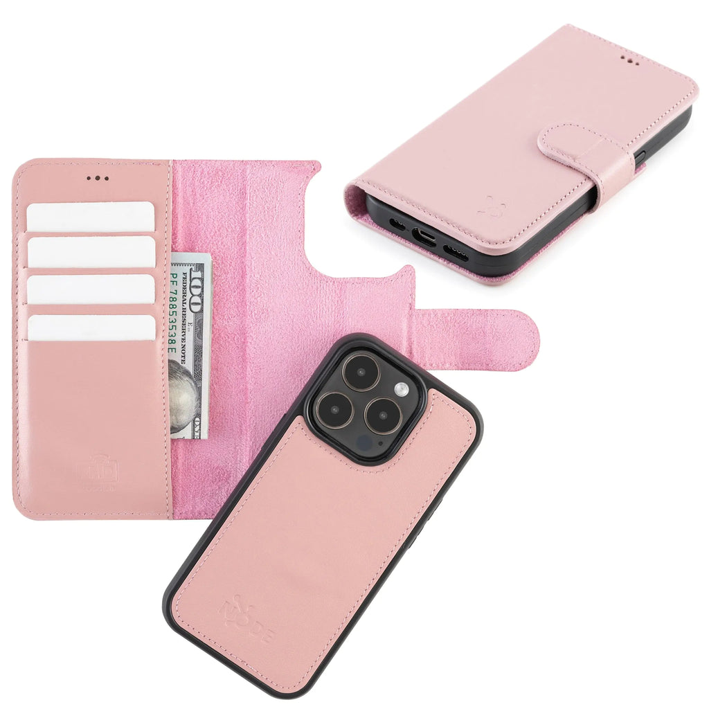 Node Leather | Leather Case for iPhone 16 with MagSafe Compatibility Genuine Leather Wallet Case for iPhone 16 with Card Holder Detachable Magnetic Flip Cover RFID Blocking - Pink
