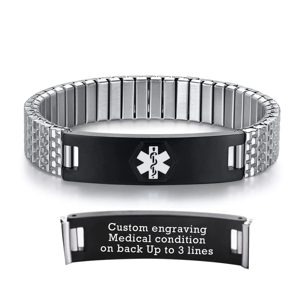 AOAMID Stretch Medical Alert Bracelets for Men Stainless Steel medical Bracelets for women with Free engraving-(Customize-silver-black-7.75 in)
