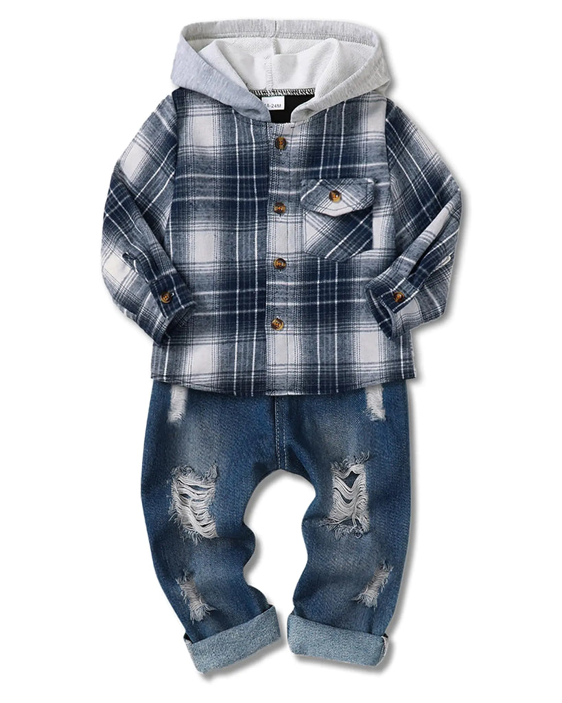 ZOEREA Toddler Baby Boys Clothes Outfits Kids Hoodie Flannel Shirts Set Plaid Hooded Tops +Jeans Pants Fall Winter Black 3-4T - My Store