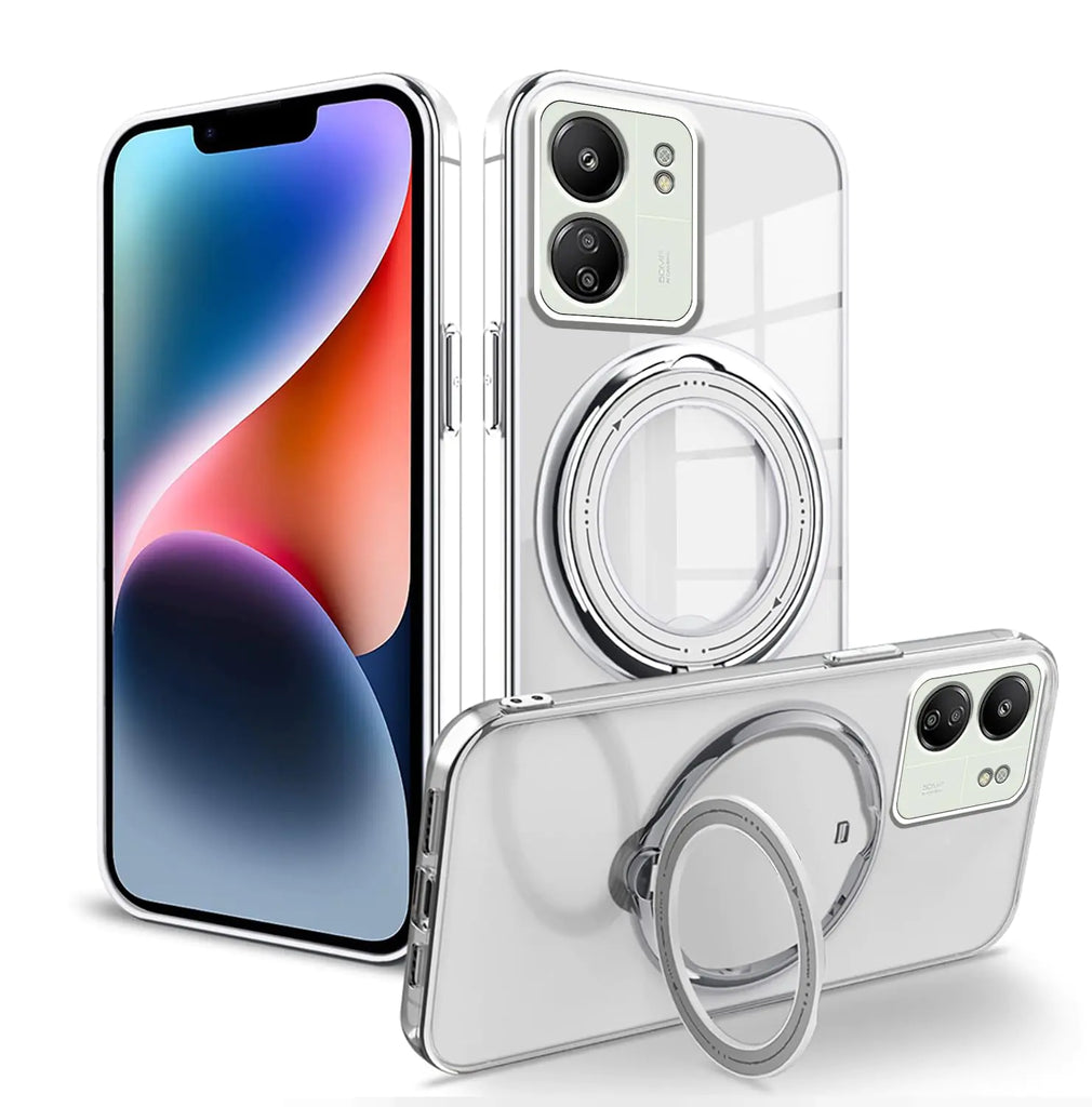 Wousunly Compatible with Redmi 13C Case with Magnetic Stand ClearXiaomi Redmi 13C 4g Phone Case Silicone Transparent Support Wireless Charging Shockproof Luxury Protective Cover (Silver)