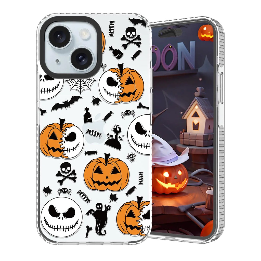 GUESNUY Halloween Phone Case for iPhone 15Shockproof Protection Bumper Cover with Funny Pumpkin Ghost Bones Bat Halloween Print for Women Men Clear