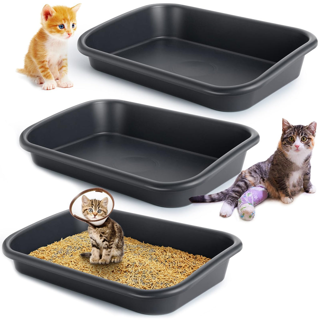 3 Pcs Large Cat Litter Box Low Entry Senior Cat Litter Box Open Top Pet Litter Boxes Tray for Big Older Cats Kitten Sick Frail or Disabled Cat 23.2" L x 16.5" W (Dark Gray)
