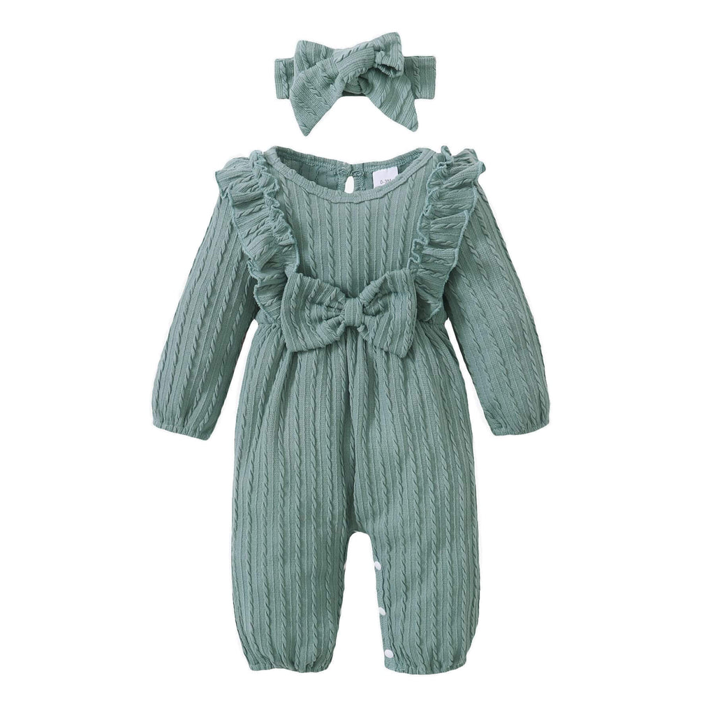Happy Town Baby Girl Romper Infant Fall Winter Clothes Ruffle Sweater Long Sleeve Bodysuit Jumpsuit and Headband (Green 6-9 Months) - My Store