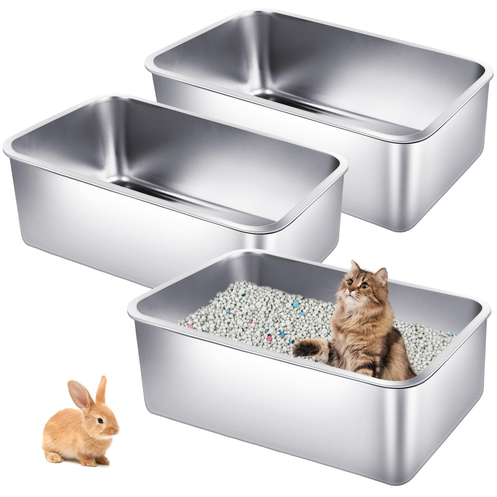 phepetroll 3 Pack Stainless Steel Cat Litter Boxes 23.6"L x 15.7"W x 7.9"H Extra Large Metal Litter Boxes with High Sides Sturdy Aluminum Litter Pans for Pets No Smell Non Stick Easy to Clean (XXL)