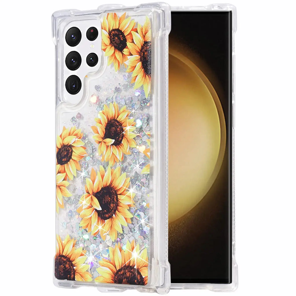 FLOCUTE Galaxy S23 Ultra Case Galaxy S23 Ultra Glitter Case Floral Case Bling Sparkle Floating Liquid Luxury Fashion Girly Women Cute Case for Samsung Galaxy S23 Ultra (Sunflower)