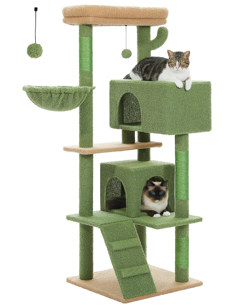 MUTTROS Cactus Cat Tree for Large Cats Adult with Super Large Top Perch 56.3" Cat Tower for Large Cats with Plush Hammock Dangling Pompom Cat Scratching Posts and 2 CondosGreen House Green
