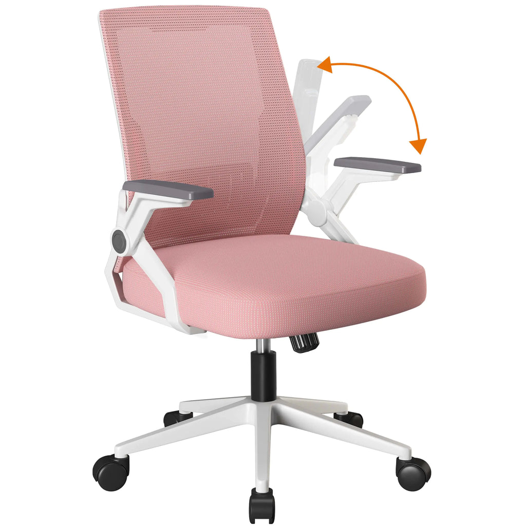 COMHOMA Office Chair with Flip-up Armrests Ergonomic Computer Desk Chair Foldable Mesh Task Chair with Wheels Adaptive Lumbar Support Swivel Tilt Comfortable Study Chair for Student Pink