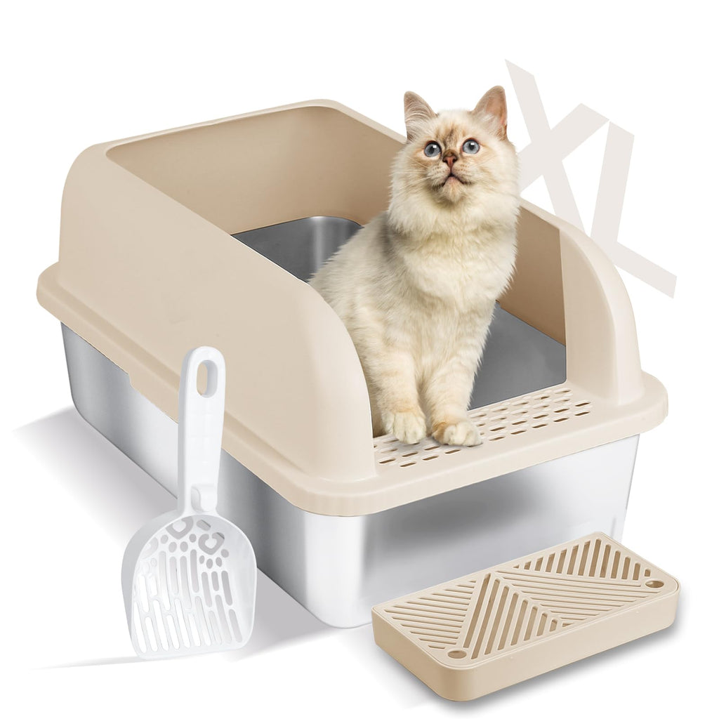 Chenove Extra Large Stainless Steel Litter Box with Lid High Wall Enclosed Cat Litter Boxes for Anti-Leakage XL Metal Litter Box with Scoop Easy Clean Cat Box for Multi Cats Non-Sticky Litter Pan