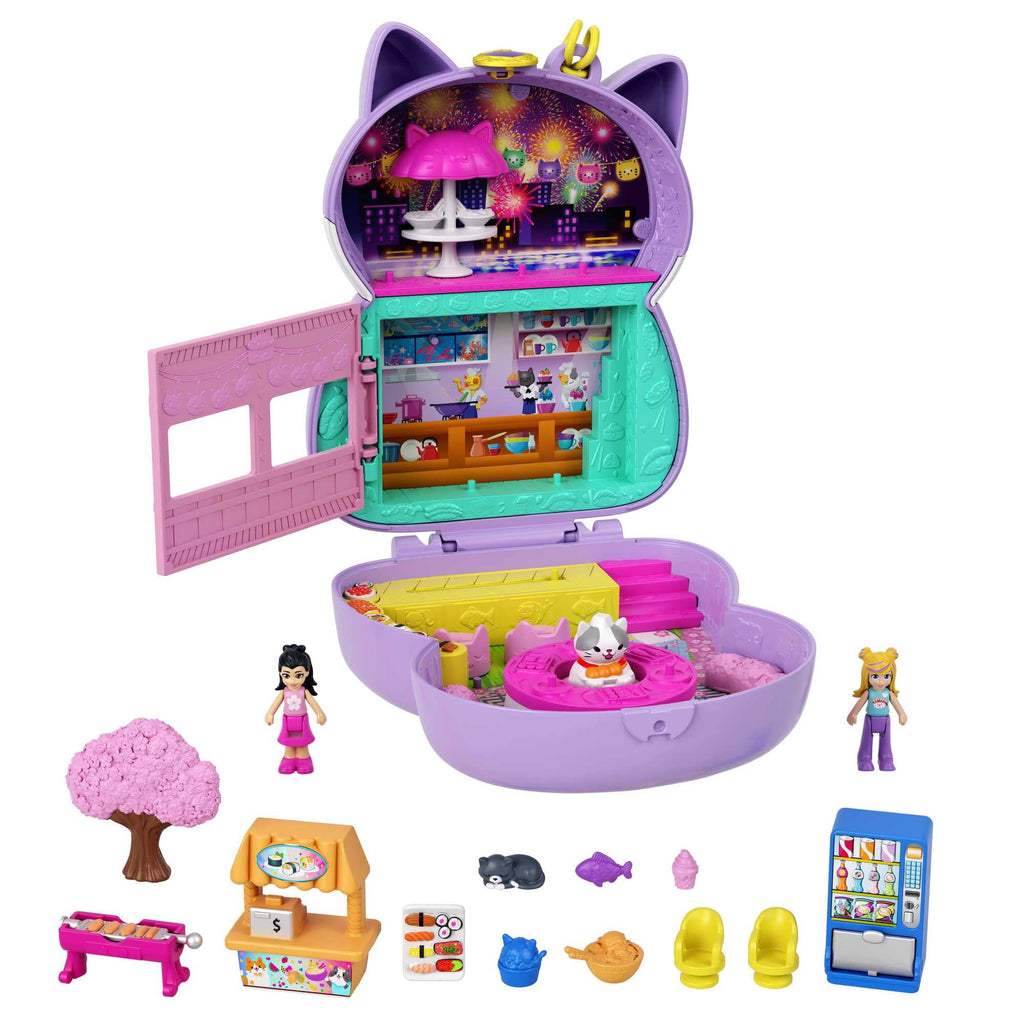 Polly Pocket Compact Playset Sushi Shop Cat with 2 Micro Dolls & Accessories Travel Toys with Surprise Reveals