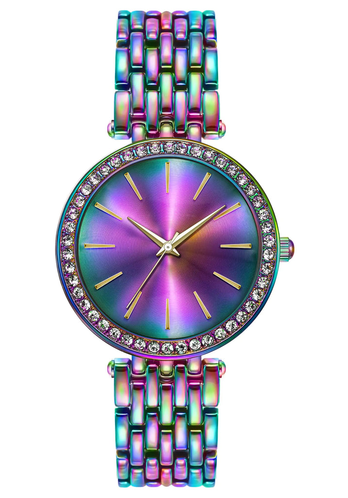 Bisley 36MM Rainbow Watch for Womens Iridescent Metal Bands Colorful Dial Fashion Waterproof Analog Quartz Watch