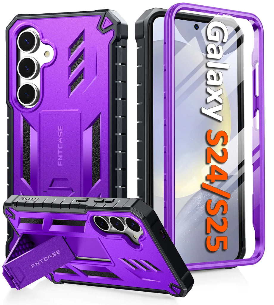 FNTCASE for Samsung Galaxy S25 Case: for Samsung Galaxy S24 Case Military Grade Drop Proof Protection Mobile Cover with Kickstand | Matte Rugged Shockproof Protective Sturdy Phone Case (Purple)