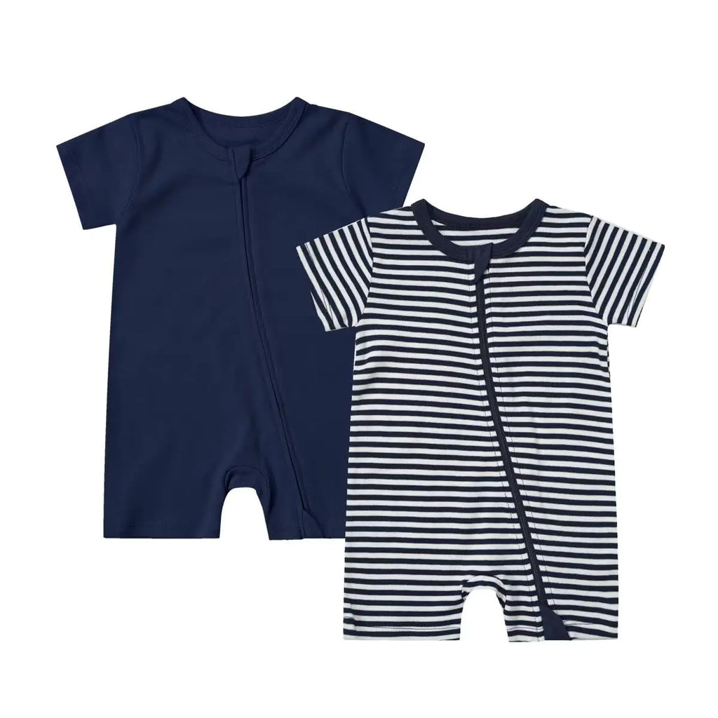 Teach Leanbh Unisex Baby 2 Pack Pajamas Cotton Short Sleeve 2 Way Zipper Stripe Soild Romper Jumpsuit Sleep and Play (Navy+Stripe 6-12 Months) - My Store
