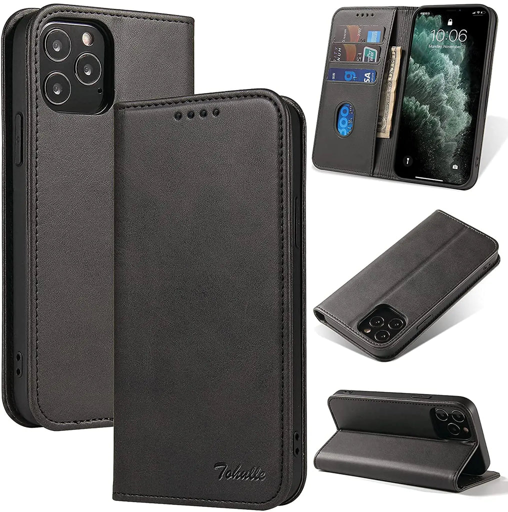 TOHULLE iPhone 13 Case Premium PU Leather Wallet Case with Card Holder Kickstand Built-in Magnetic Closure Flip Folio Phone Cover for iPhone 13 - Black