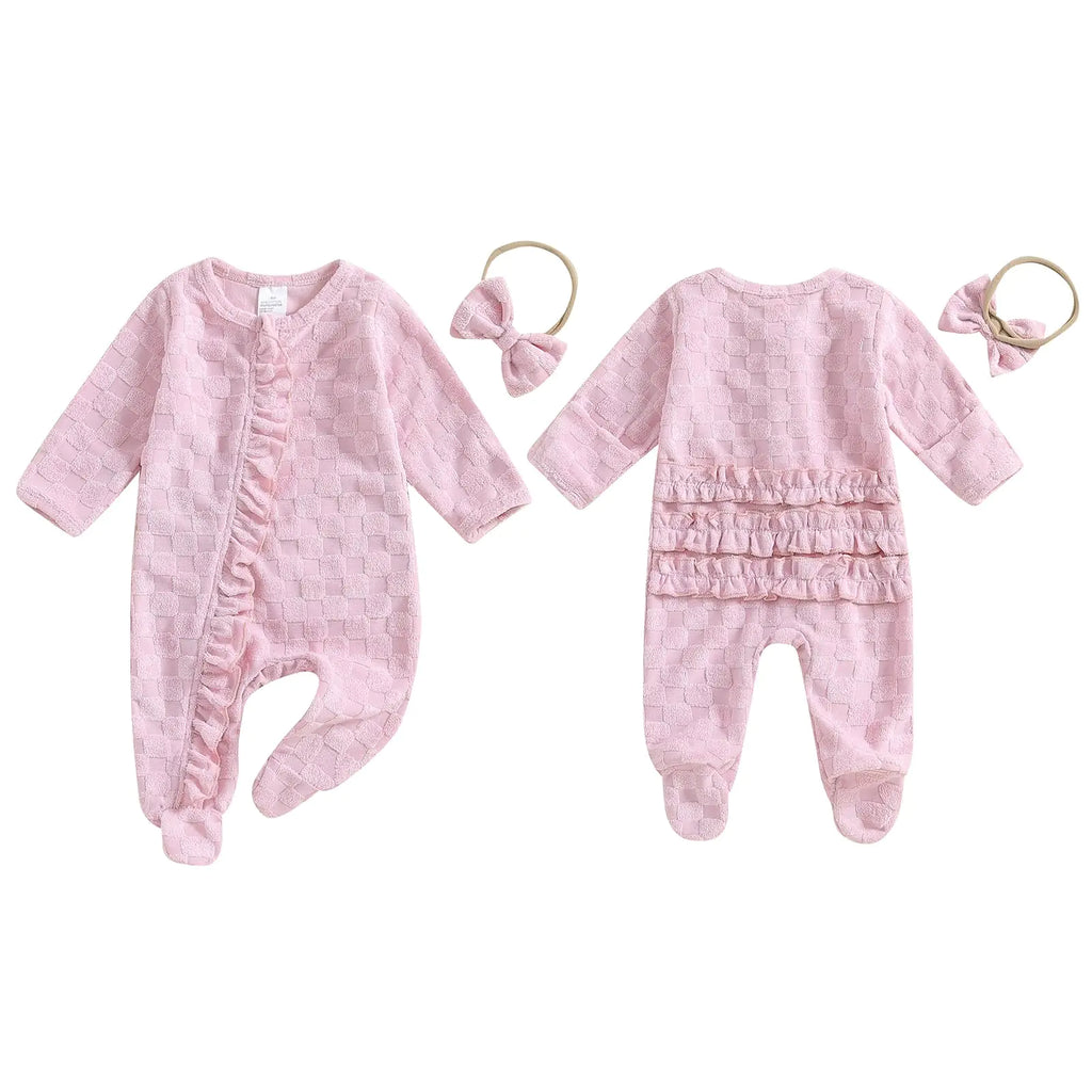 BemeyourBBs Newborn Baby Girl Clothes Ruffle Baby Sleeper Zipper Footie Romper Playsuit with Headband Outfit Fuzzy Pink Newborn - My Store