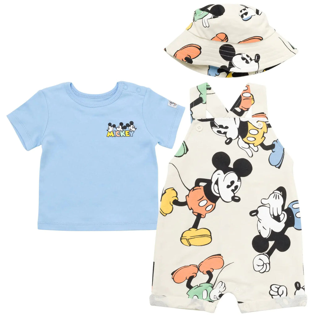 Disney Mickey Mouse Newborn Baby Boys Short Overalls T-Shirt and Hat 3 Piece Outfit Set Khaki/Blue 3-6 Months - My Store