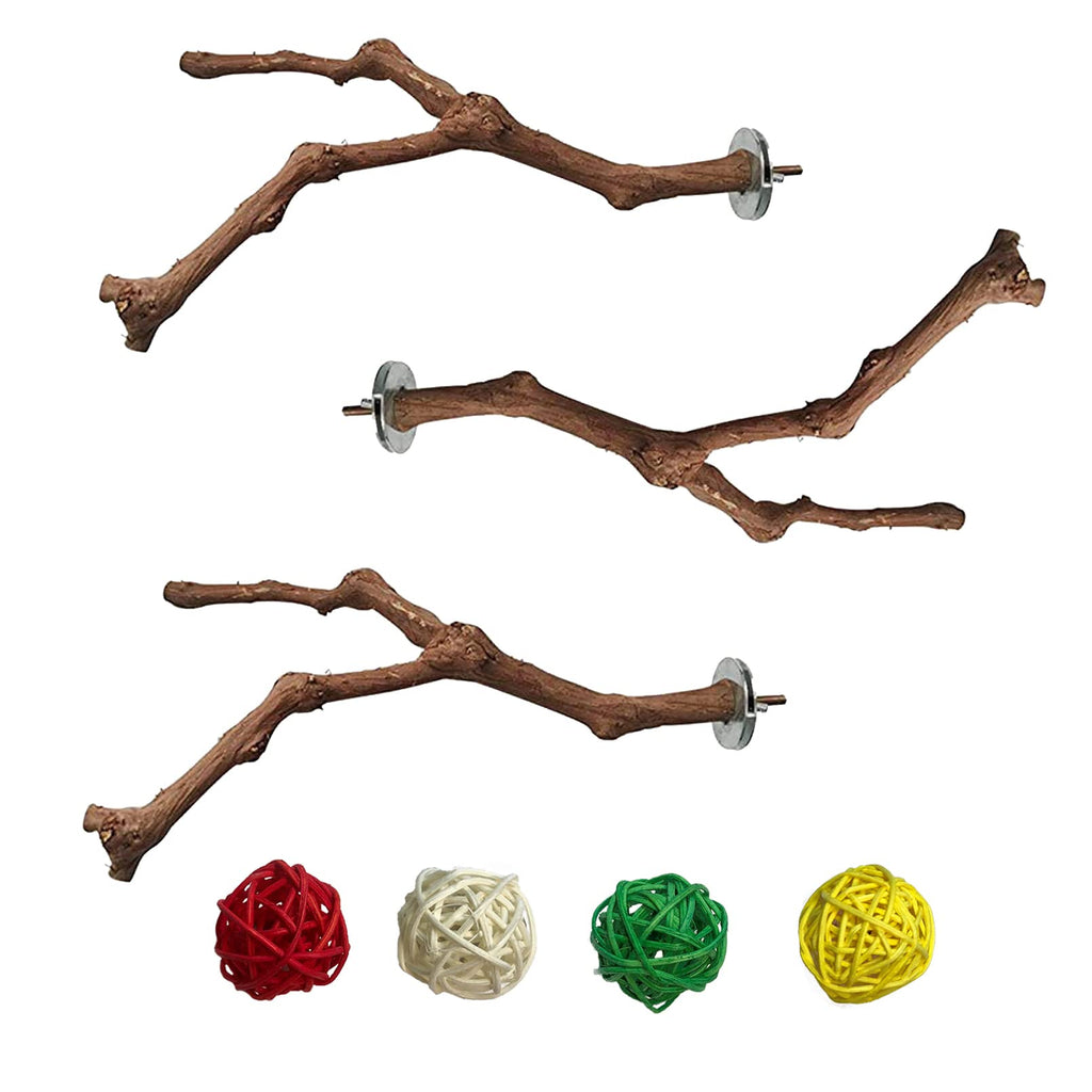 PINVNBY Bird Perch for Cage3Pcs Parrot Perches Natural Grape Wood Birdcage Stands Pole 4Pcs Birds Toys Ball for Parakeet Lovebirds Budgies Cockatiels Finches