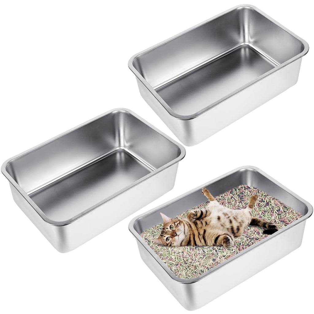 MYFAMIREA 3P Stainless Steel Cat Litter Boxes 19.7" x 13.8" x 5.9" Extra Large Metal Kitty Litter Boxes with High Sides No Smell Non Stick Rustproof Easy to Clean Litter Pans for Large Cats L