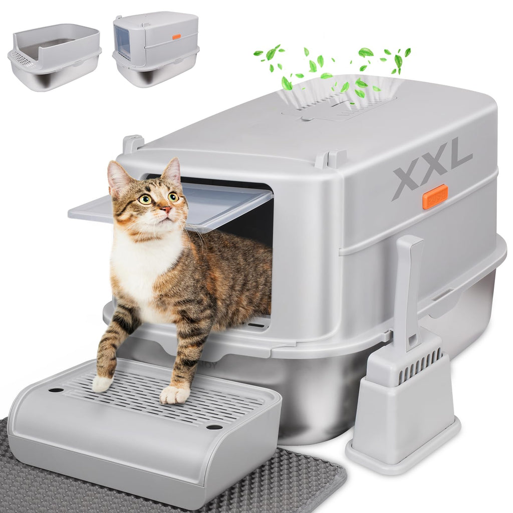 GOYJOY Stainless Steel Cat Litter Box with LidXL Enclosed Metal Cat Litter BoxCovered Removable Stainless Steel Cat Litter Boxwith Litter Scoop & Foot Pedal & Litter MatOdor ControlEasy Cleaning