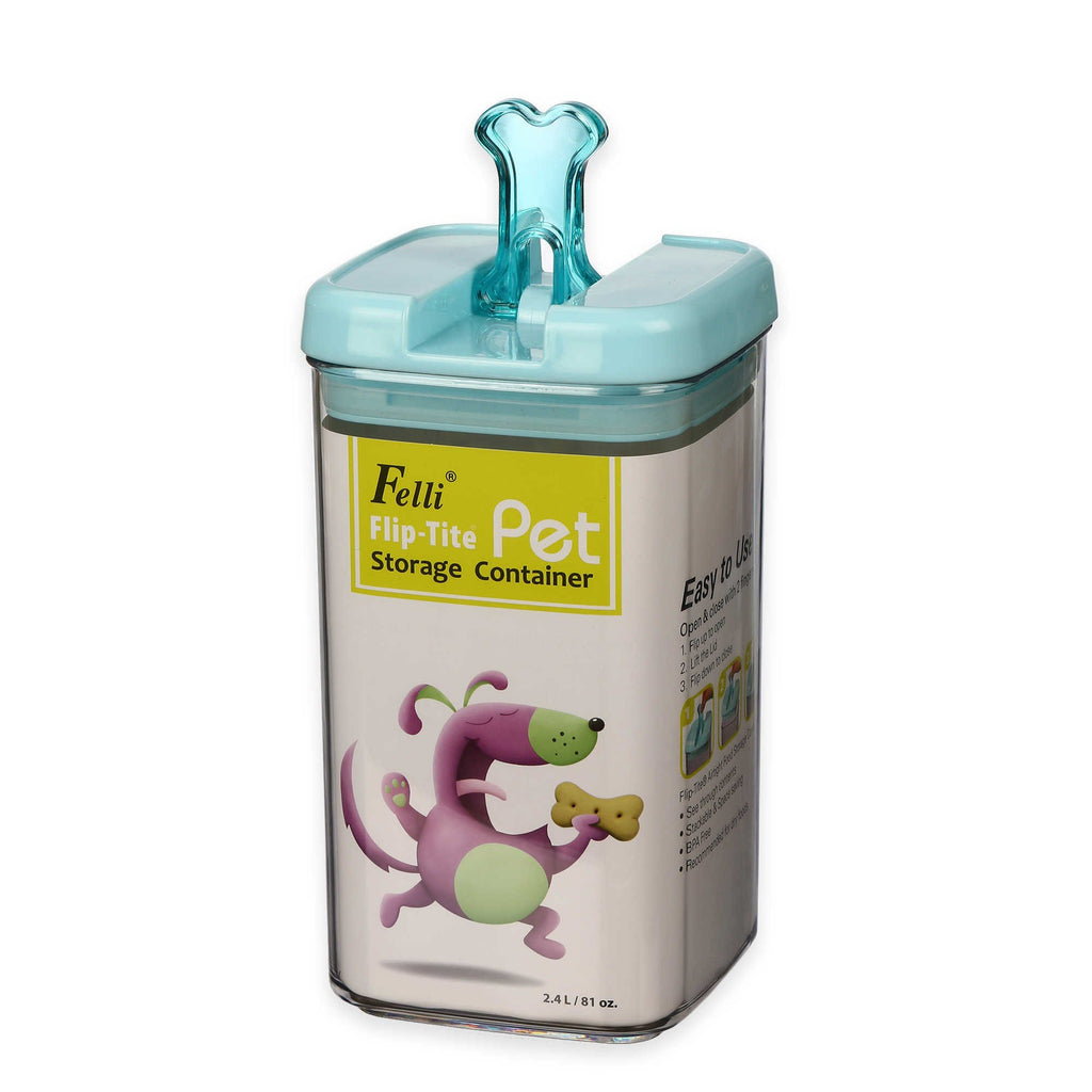 Large 9"H Flip-Tite Bone Square Pet Food Storage Canister in Clear/Blue
