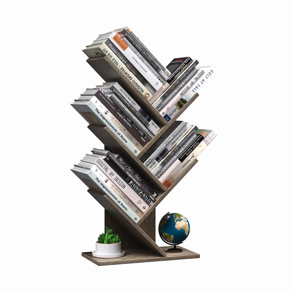 R RUISHENG 5 Tier Small Tree Bookshelf Desk Book Organizer Narrow Bookcases for Books Magazines CDs Free Standing Retro Wooden Storage Shelves for Home Office Bedroom Living Room Oak Grey