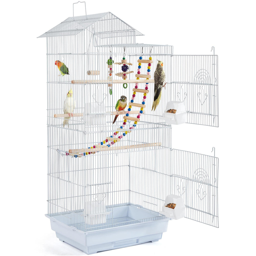Yaheetech 39-inch Roof Top Medium Parakeet Bird Cages for Cockatiels Conures Finches Budgies Canaries Lovebirds Parakeets Green Cheek Small Birds Parrots Travel Flight Birdcage w/Toys White