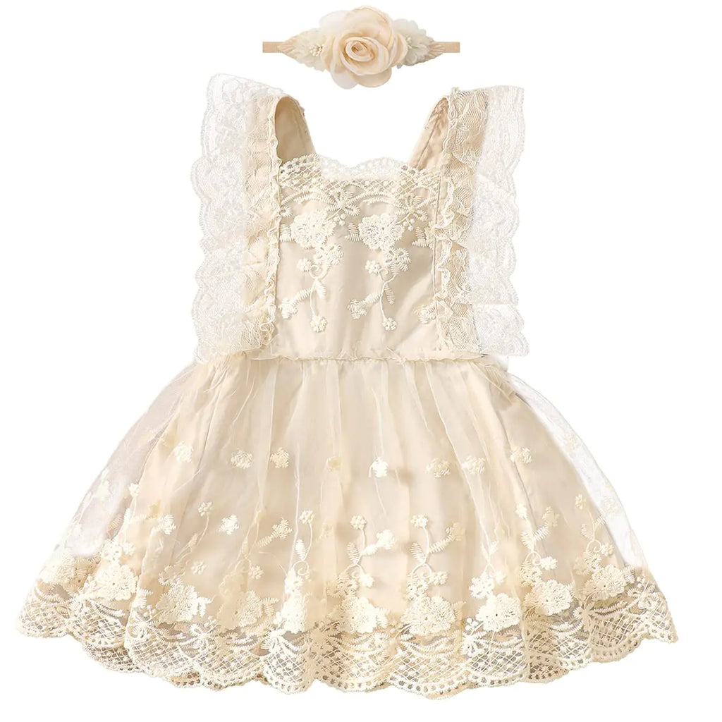Toddler Baby Girl 1st Birthday Outfit Floral Embroidery Lace Boho Dress Newborn Cake Smash First Birthday Dresses Flower Headband Summer Princess Party Clothes for Photoshoot Apricot Flower 2-3 Years - My Store