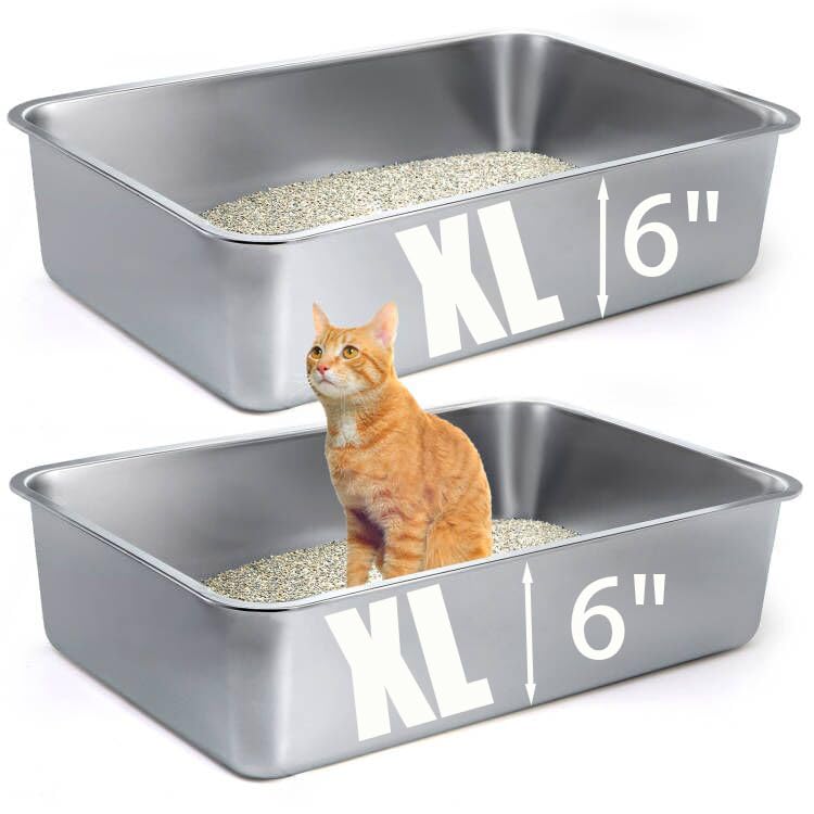 Lawei 2pcs Large Stainless Steel Cat Litter Boxes Metal Cat Litter Pan Tray with High Sides Open Cat Litter Box Pet Toilet for Kitten Rabbit Easy to Clean 23.5x15.5x6 Inch Non-Stick Rust-Proof
